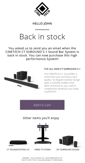 Image of an email showing that an item is back in stock