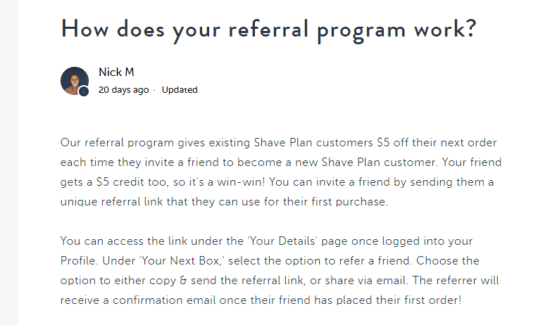 Screenshot of Harry's referral program FAQs page.