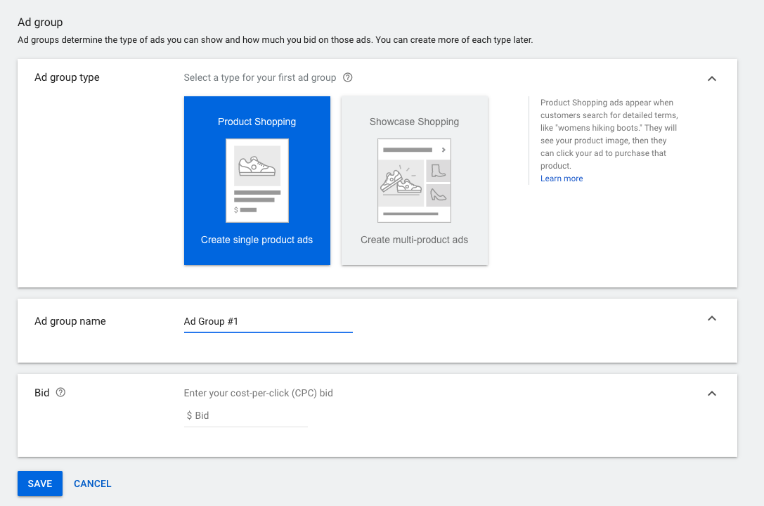 Screenshot of Google Shopping Campaign ad group.