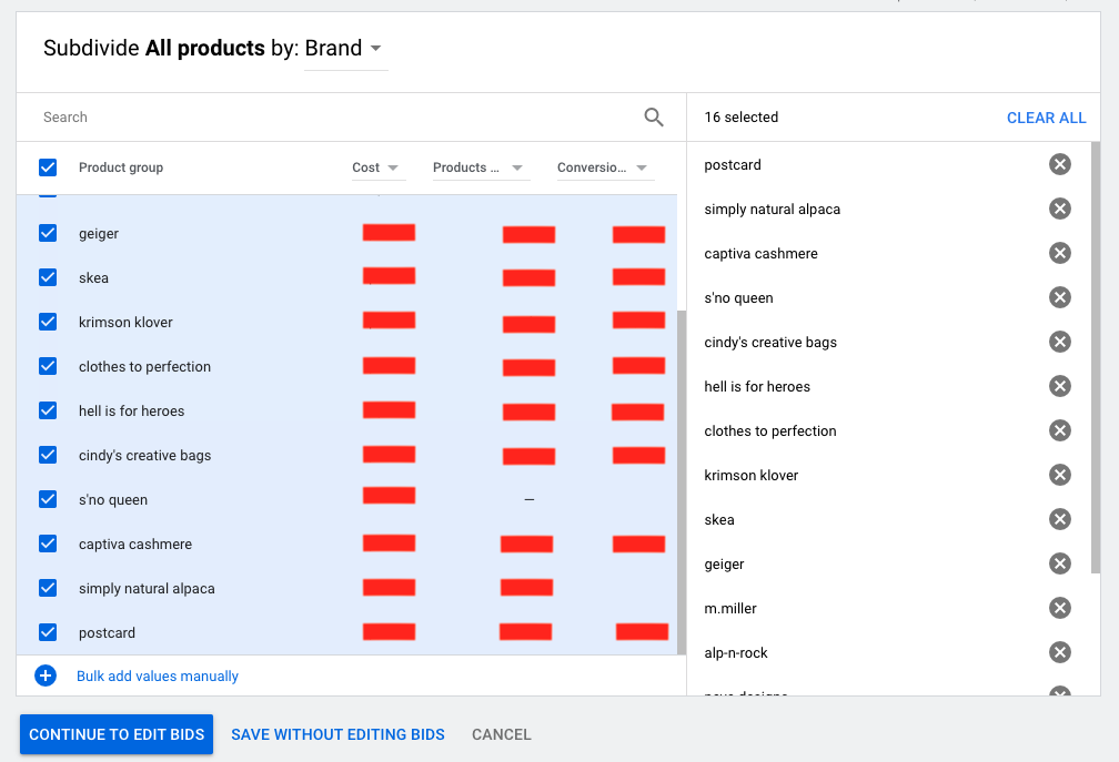 Screenshot of Google Shopping Campaign subdivisions.