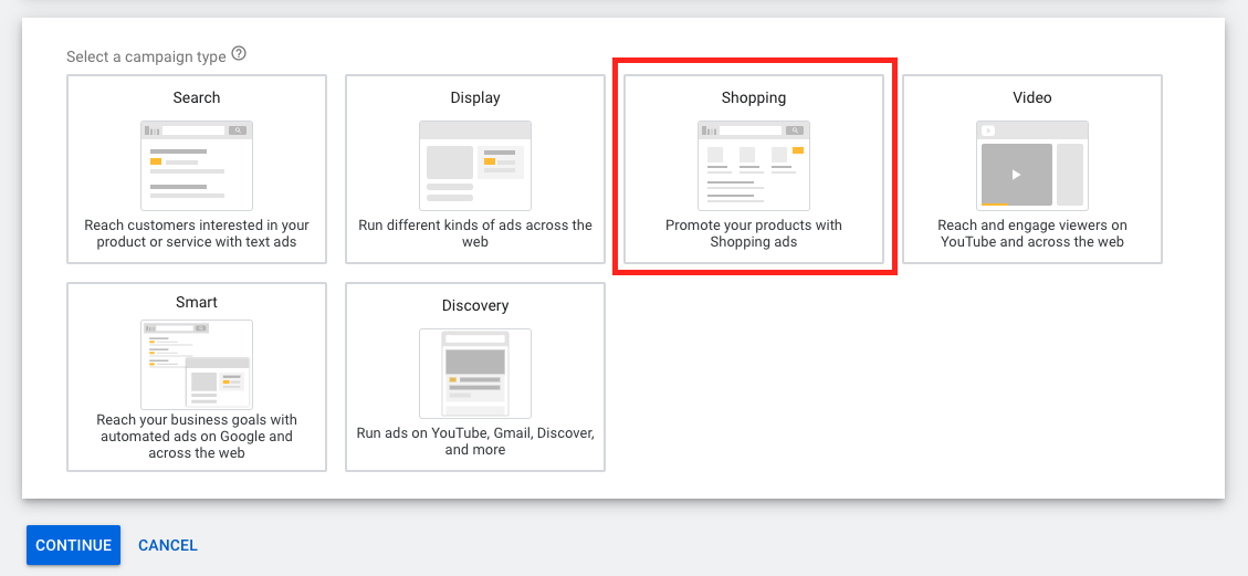 Screenshot of Google Shopping Campaign types.