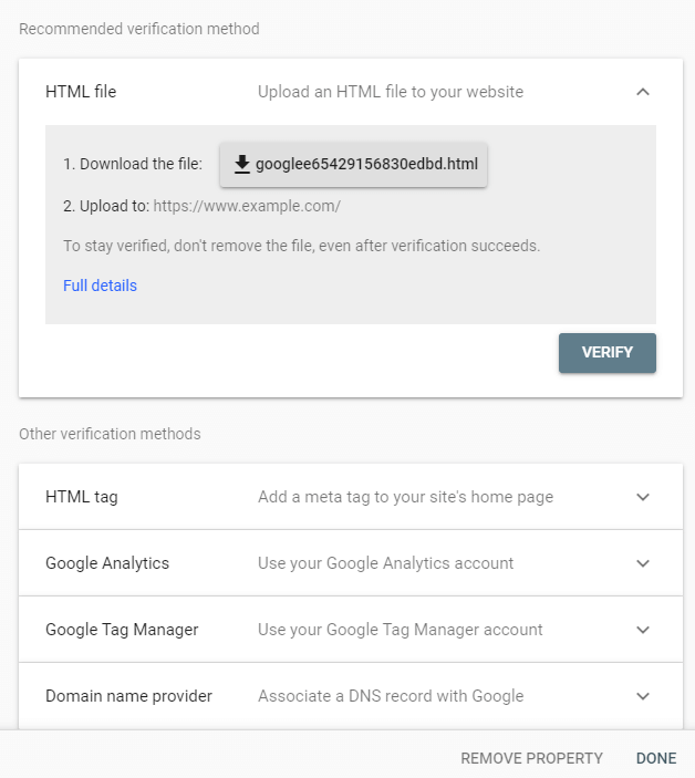 Screenshot of Google Search Console verification methods modal.